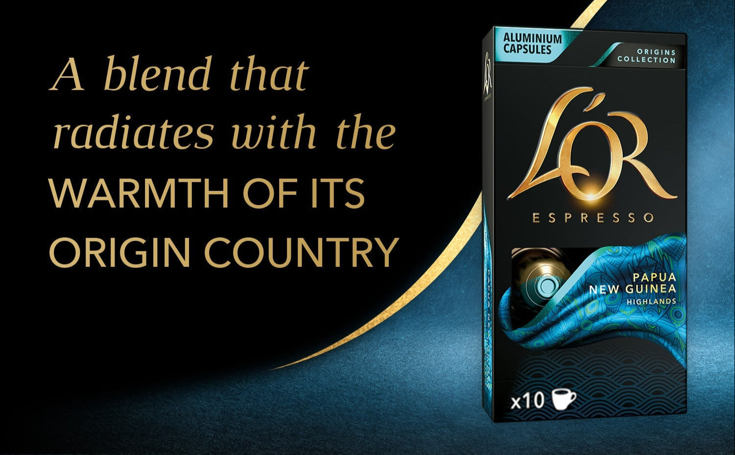 Lor Papua New Gunea Espresso packaging with text on a dark background